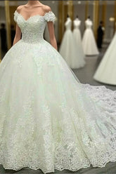 Vintage V-Neck Off The Shoulder Lace Wedding Ball Gown Dresses