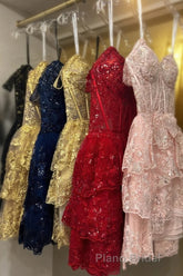 Red Off-the-Shoulder Lace Multi-Layers Appliques Sequins Homecoming Dresses