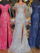 Fuchsia Off-Shoulder Sequined Floral Mermaid Long Formal Prom Dresses with Slit