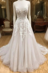 Wh V Neck Tulle Long Formal Prom Dresses, Lace Formal Dresses, White Lace Wedding Dresses