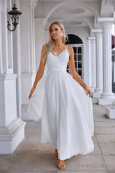 White Chiffon Prom Dresses Surplice Neck A-Line Long Evening Dress with Spaghetti Straps