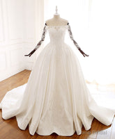 White Lace Satin Long Wedding Dress, Lace Satin Long Bridal Gown