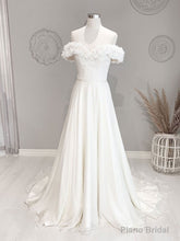 White Off Shoulder Flowers Long Wedding Dress, White Beach Wedding Dress