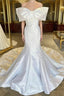 White Off-The-Shoulder Bow Trumpet Long Wedding Dresses Pure Color