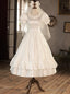 White Satin Puff Sleeve Button Wedding Dress