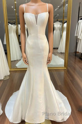 White Split Neck Trumpet Long Wedding Dresses