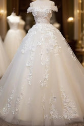 White Tulle Lace Applique Long Formal Prom Dresses, White Lace Wedding Dresses