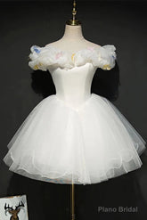 White Tulle Short Off Shoulder Homecoming Dress, White Graduation Dress