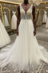 White v neck tulle sequin beads long Formal Prom dress, A line evening dress