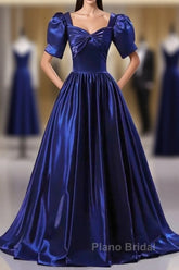 Wholesale Blue Satin Floor Length Formal Prom Dresses A-Line Short Sleeve Backless Evening Party Dresses