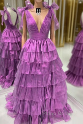 Wholesale Dark Purple Princess A-Line Deep V-Neck Long Tiered Formal Prom Party Dresses Formal Prom Clothing