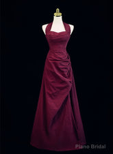 Wine Red A-Line Halter Vintage Style Prom Dress, Wine Red Long Evening Dress