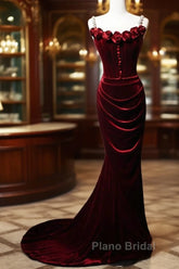 Wine Red Mermaid Straps Beaded Long Formal Dresses, Wine Red Evening Dresses Formal Prom Dresses