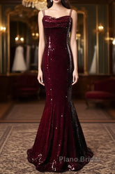 Wine Red Mermaid Straps Long Formal Prom Dresses Party Dresses, Wine Red Sequins Evening Dresses
