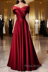 Wine Red Satin Off Shoulder A-Line Party Dresses, Wine Red Long Formal Dresses Formal Prom Dresses