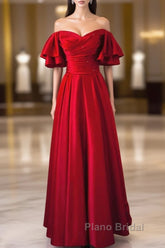 Wine Red Satin Short Sleeves Long Party Dresses, Wine Red Satin Formal Prom Dresses