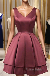Wine Red Satin V-Neckline Short Party Dresses, Wine Red Homecoming Dresses