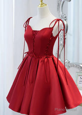 Wine Red Satin V-neckline Straps Beaded Short Prom Dress, Wine Red Party Dresses