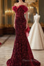 Wine Red Sequins Mermaid Long Party Dresses, Off Shoulder Sweetheart Formal Prom Dresses