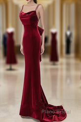 Wine Red Straps Low Back Mermaid Long Party Dresses, Wine Red Evening Dresses