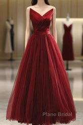 Wine Red Tea Length Tulle V-Neckline Formal Prom Dresses, Wine Red Tulle Party Dresses