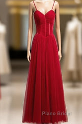 Wine Red Tulle Straps Long Sweetheart Party Dresses Formal Dresses, A-Line Dark Red Evening Dresses
