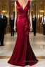 Wine Red V-Neckline Mermaid Long Party Dresses With Leg Slit, Wine Red Formal Prom Dresses