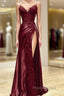 Wine Red V-Neclline Satin With Lace Long Formal Prom Dresses, Wine Red Leg Slit Party Dresses