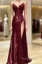 Wine Red V-Neclline Satin With Lace Long Formal Prom Dresses, Wine Red Leg Slit Party Dresses
