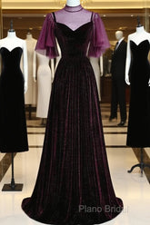 Wine Red Velvet A-Line Long High Neckline Party Dresses, Wine Red Long Bridesmaid Dresses
