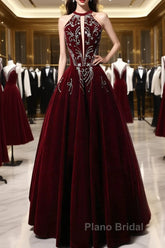 Wine Red Velvet Beaded Halter Long Formal Dresses, A-Line Velvet Formal Prom Dresses