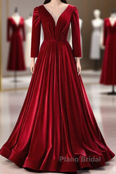 Wine Red Velvet Long Sleeves See Through Formal Prom Dresses, Wine Red Wedding Party Dresses