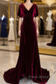 Wine Red Velvet Long Wedding Party Dresses With Leg Slit, Wine Red Formal Dresses