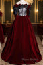 Wine Red Velvet Off Shoulder Party Dresses With Bow, Wine Red Velvet Long Formal Prom Dresses
