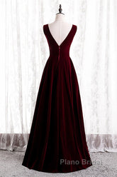 Wine Red Velvet V-Neckline Simple Long Party Dresses, Wine Red Bridesmaid Dresses