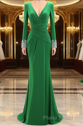 Women Long Mother of Bride Dresses Green Grey Long Sleeve V Neck Evening Dresses