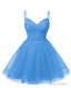 Womens V Neck Tulle Spaghetti Straps Blue Homecoming Dresses with Corset Back Short Prom Gowns for Teens