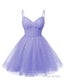 Womens V Neck Tulle Spaghetti Straps Lavender Homecoming Dresses with Corset Back Short Prom Gowns for Teens