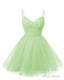 Womens V Neck Tulle Spaghetti Straps Mint Green Homecoming Dresses with Corset Back Short Prom Gowns for Teens