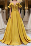 Yellow A-line Satin Long Formal Prom Dress, Yellow Formal Dress