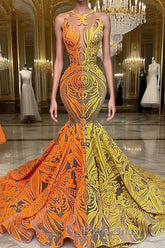 Yellow and Orange Mermaid Formal Prom Dress Lace Long On Sale