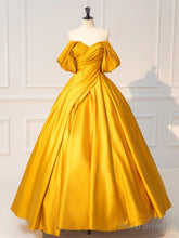 Yellow Off Shoulder Satin Long Prom Dress, Yellow Long Evening Dress