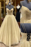 Yellow Formal Prom Dresses, V Neck Sleeveless Long/Floor-Length Tulle Ball Gown With Pleated Sequins