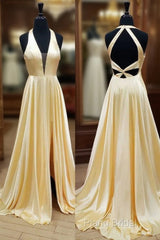 Yellow Satin Halter Backless A Line Formal Prom Dresses With Slit