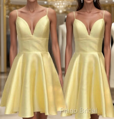 Yellow Satin Short Graduation Formal Prom Dresses ,Spaghetti Straps Homecoming Dresses