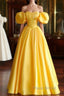 Yellow Satin Short Sleeves Party Dresses, Yellow Satin Formal Prom Dresses Formal Dresses