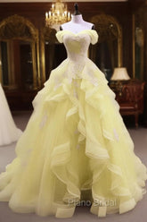 Yellow Tulle With Lace Sweetheart Long Formal Dresses, Yellow Tulle Formal Prom Dresses