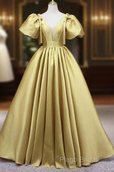 Yellow V-Neck Satin Long Formal Prom Dresses, A-Line Puff Sleeves Formal Party Dresses