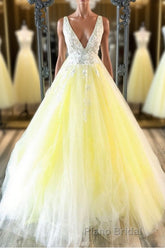 Yellow v neck tulle lace long Formal Prom dress yellow formal dress