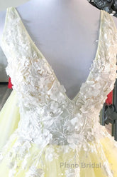 Yellow v neck tulle lace long Formal Prom dress yellow formal dress